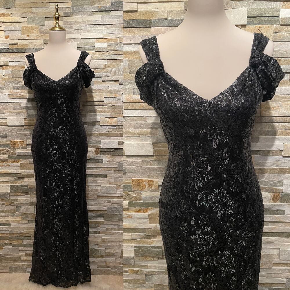 David Meister Black Gunmetal Evening Gown | 6, Stretch Lace Sequin MOB Dress